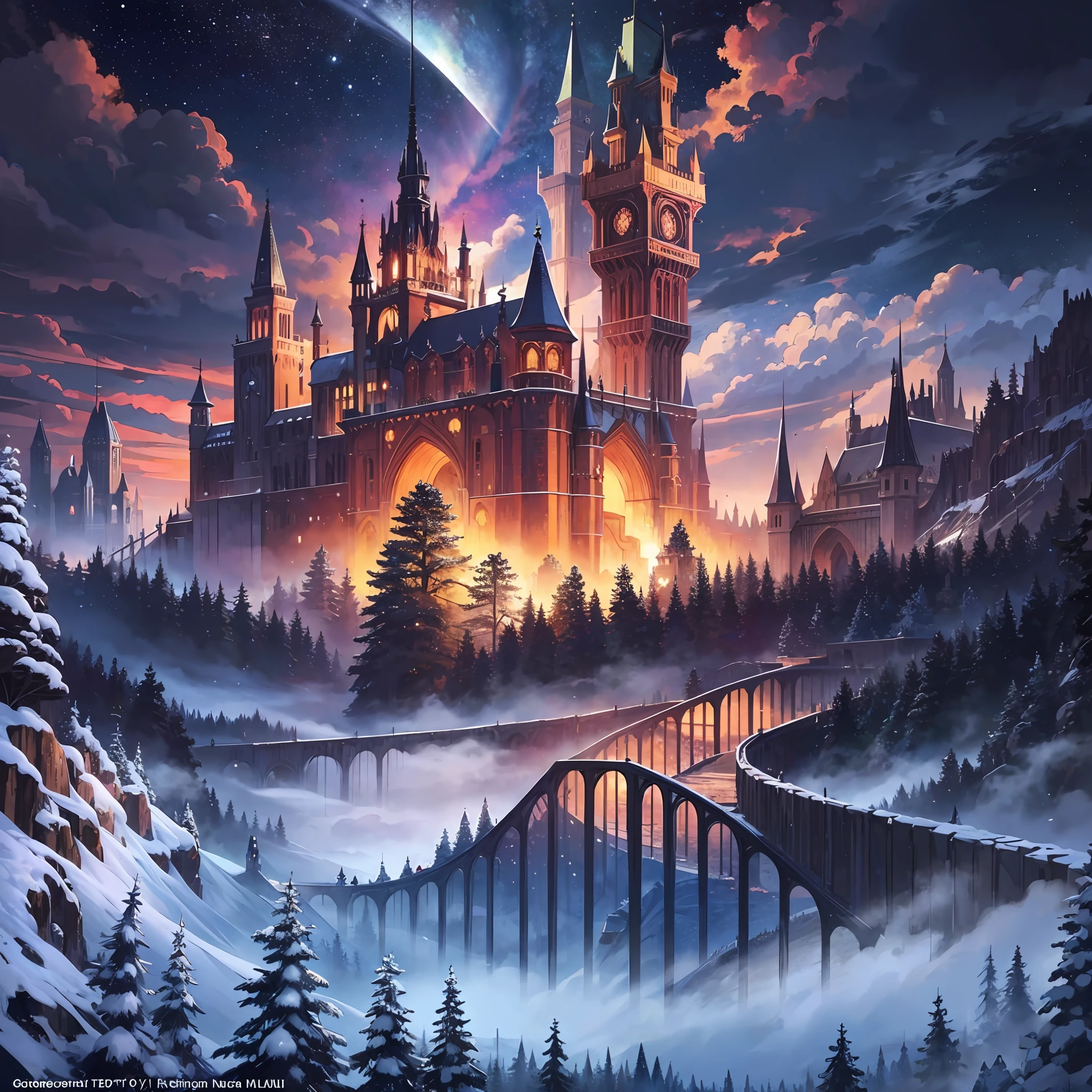 (masterpiece, top quality, best quality, official art, beautiful and aesthetic:1.2), extreme detailed,(fractal art:1.3),colorful,highest detailed in ultra detailed complex medieval castle, evil aura, lake, river, snow mountains,(best-quality:0.8), (best-quality:0.8), perfect anime illustration, BREAK saturn, bubbling acid --v6