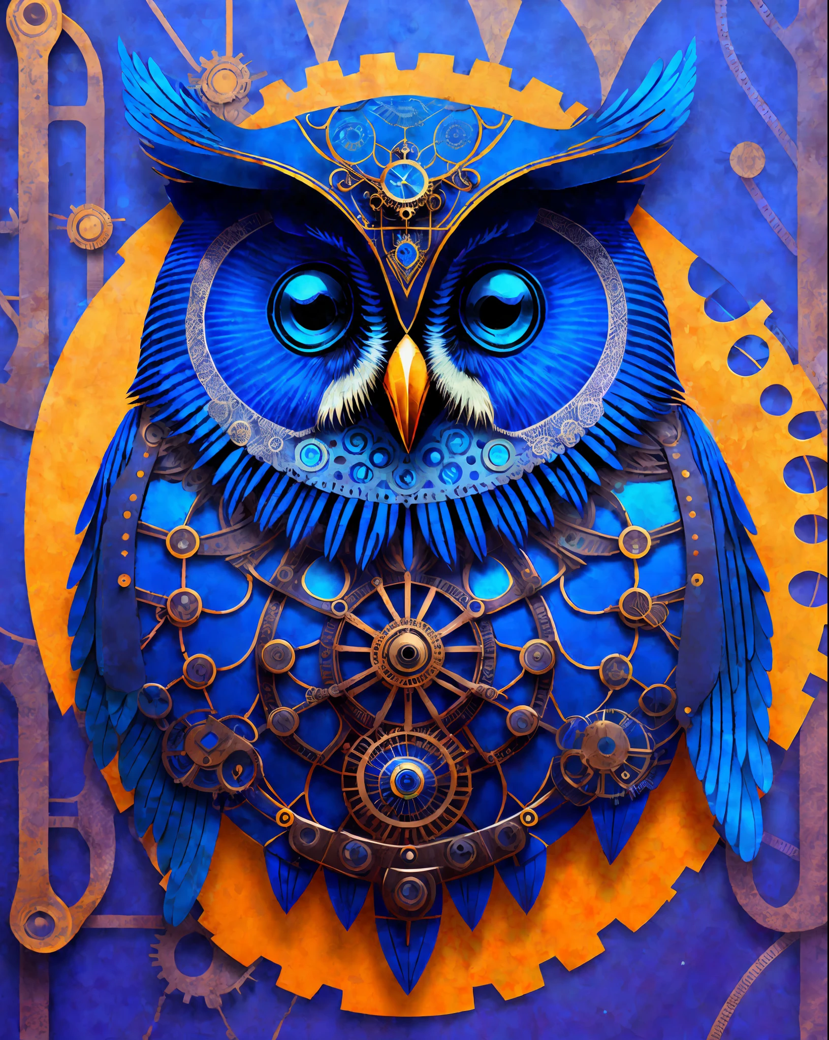 Portrait of an owl, steampunk, indigo blue, colorful, illustration ...