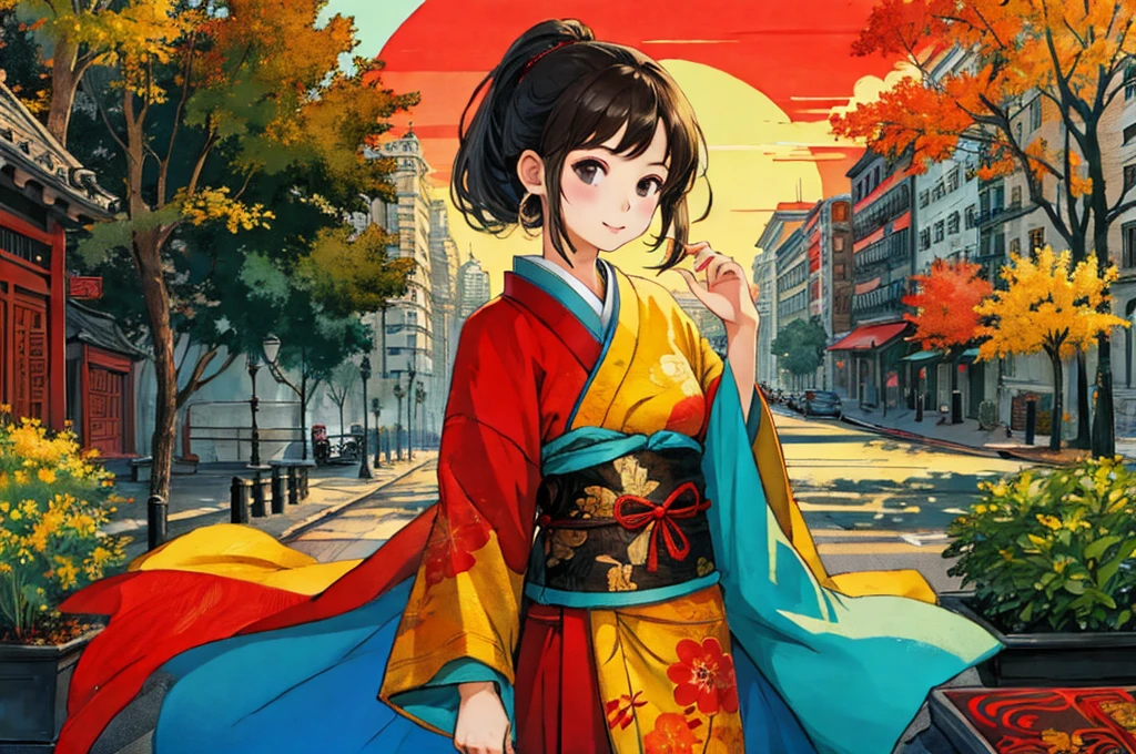 (best quality), girl,oriental detailed background, cityscape,