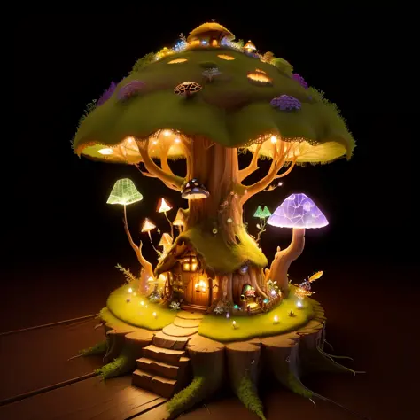 Fantasy, 3D, good quality, Hallow redwood tree stump ant home, mushrooms on the side, fairy lights on the bottom, small dragonfly on the top
