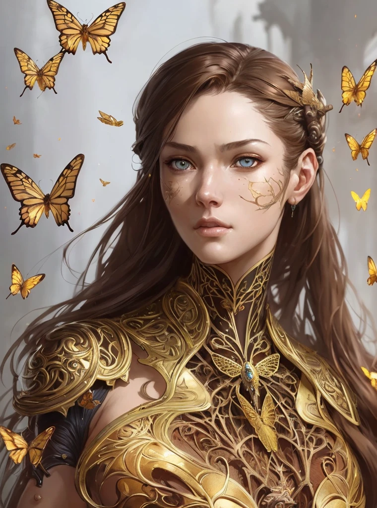 8k portrait of beautiful cyborg with brown hair, intricate, elegant, highly detailed, majestic, digital photography, art by artgerm and ruan jia and greg rutkowski surreal painting gold butterfly filigree, broken glass, (masterpiece, sidelighting, finely detailed beautiful eyes: 1.2), hdr,