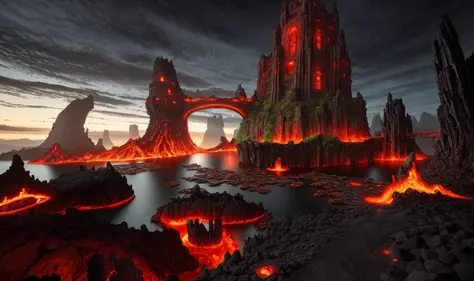 lava lake with interlocking rocks forming bridges that extend to a red tower in the center, ultra-realistic, ultra-detailed, high fantasy