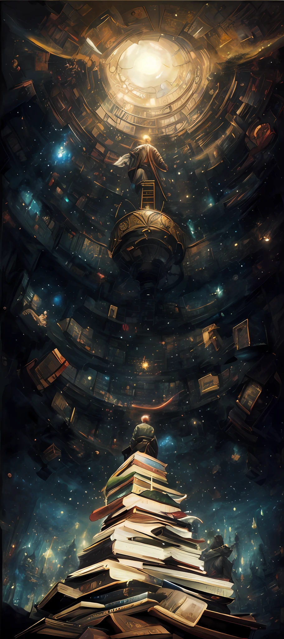 there is a painting of a man sitting on a pile of books, magical realism painting, science fantasy painting, borne space library artwork, infinite celestial library, inspired by tomasz alen kopera, by maxim verehin, library of babel, by tomasz alen kopera, by Tadeusz Pruszkówski, the library of babel