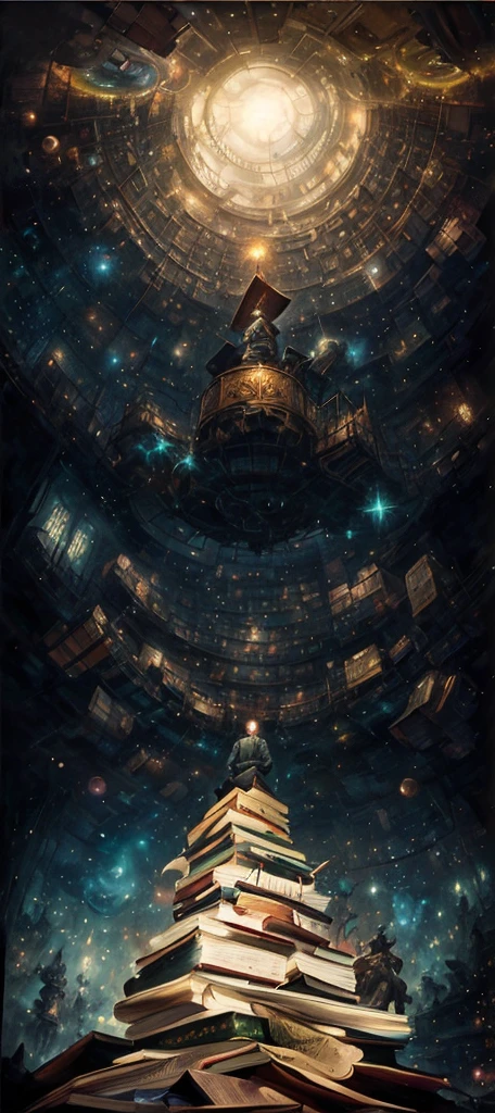 there is a painting of a man sitting on a pile of books, magical realism painting, science fantasy painting, borne space library artwork, infinite celestial library, inspired by tomasz alen kopera, by maxim verehin, library of babel, by tomasz alen kopera, by Tadeusz Pruszkówski, the library of babel