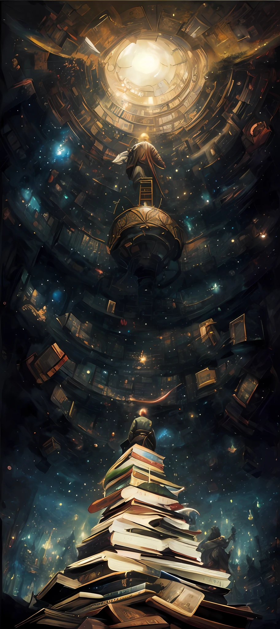 Há uma pintura de uma pilha de livros, pintura de realismo mágico, Pintura de Fantasia Científica, obras de arte da Biblioteca Espacial Borne, biblioteca celestial infinita, inspirado em Tomasz Alen Kopera, de Maxim Verehin, Biblioteca de Babel de Tadeusz Pruszkówski, Biblioteca de Babel de Tadeusz Pruszkówski