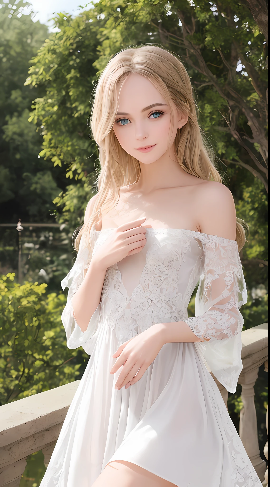 A gorgeous portrait of the most beautiful young woman in the world, green eyes, European, wearing a white embroidered dress, slightly open mouth, looking at you, gentle face, smiling, sharp focus, hyper-realistic skin, detailed, high resolution, taken with the Canon EOS R7, wide angle, perfect natural light, head and torso, fragile skin, flawless
