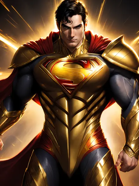 "(((masterpiece)))), best quality, magnificent golden effects, powerful armor, main Superman, dynamic, great close-up, focused face, bright eyes, determined expression, dramatic and dark background, strong lighting effect, vibrant colors."