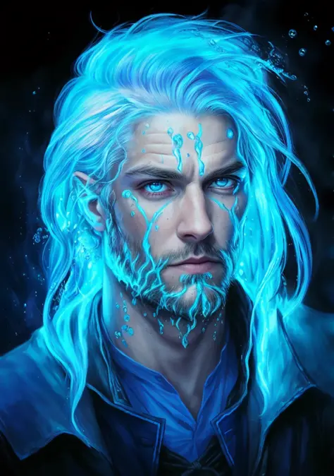 water man, with water hair and eyes, a portrait of a fire sorcerer, realistic portrait, fantasy male portrait, ultra-realistic, ultra-detailed