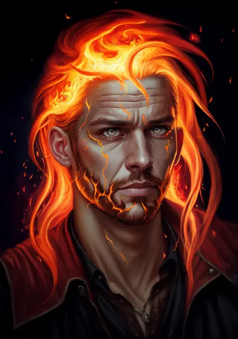 Man of fire, with hair and eyes of fire, a portrait of a fire sorcerer, realistic portrait, fantasy male portrait, ultra-realist...