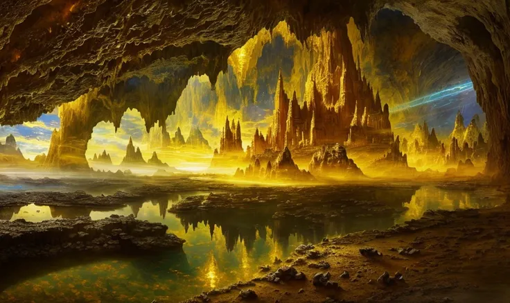 large amber castle, surreal cave landscape, amber city, earth landscape ...