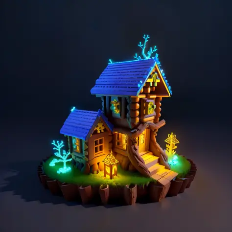 antasy, 3D, Anthill made from a fallen hallowed out tree, in the style of lincoln logs, with fairy lights around the trim and bright blue dragon fly on top