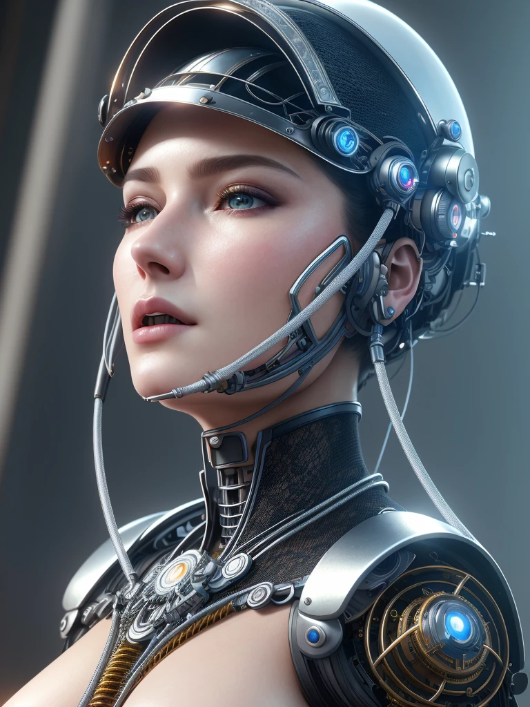 komplexes, ultradetailliertes 3D-Rendering eines wunderschönen Porzellanprofils einer Frau mit Android-Gesicht, cyborg, steampunk details, Roboterteile, 150 mm, schönes Studio weiches Licht, Felgenlicht, lebendige Details, luxurious cyberpunk, Spitze, hyperrealistisch, anatomisch, Gesichtsmuskeln, kabel elektrische drähte, Mikrochip, elegant, schöner Hintergrund, octane render, H. R. Giger style, 8k, beste Qualität, Meisterwerk, Illustration, eine äußerst zarte und schöne, Extrem detailliert ,CG ,Einheit ,Hintergrund, (realistisch, photo-realistisch:1.37),Toll, fein detailliert, Meisterwerk,beste Qualität,offizielle Kunst, Extrem detailliert CG Einheit 8k Hintergrund, absurdesten, incredibly absurdesten, robot, Silberner Fahrerhelm, Ganzkörper, Sitzung