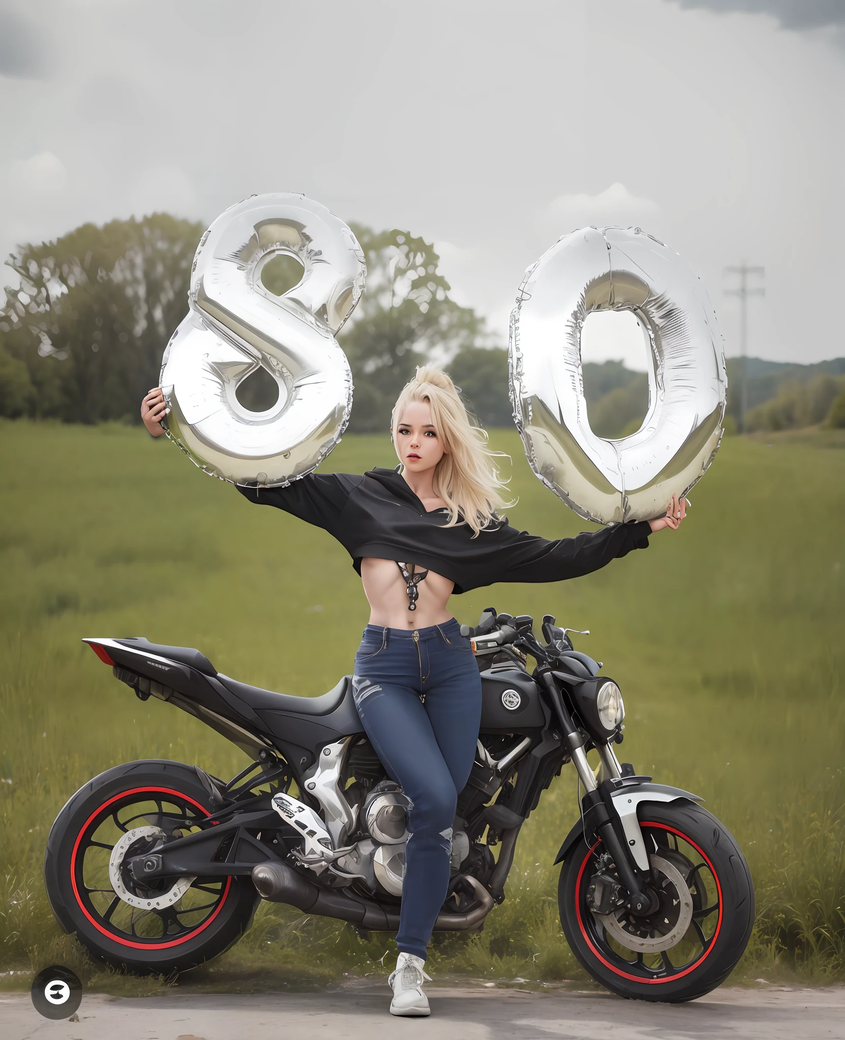 Woman sitting on a motorcycle holding up the number six - SeaArt AI