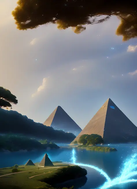 a beautiful lake by makoto shinkai and an intricate mystical pyramid on it by darek zabrocki and roberto aizenberg, beautiful pa...