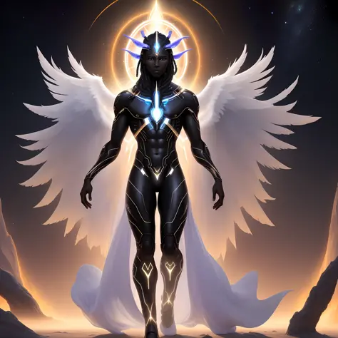 Artwork, Alien human appearance, black skin color, selestial, full body, beautiful, spiritual being, benevolent, with an aura on the head, sorry, with radiant energy, archangel miguel style, galactic confederation, high quality, ultra-realistic, profession...