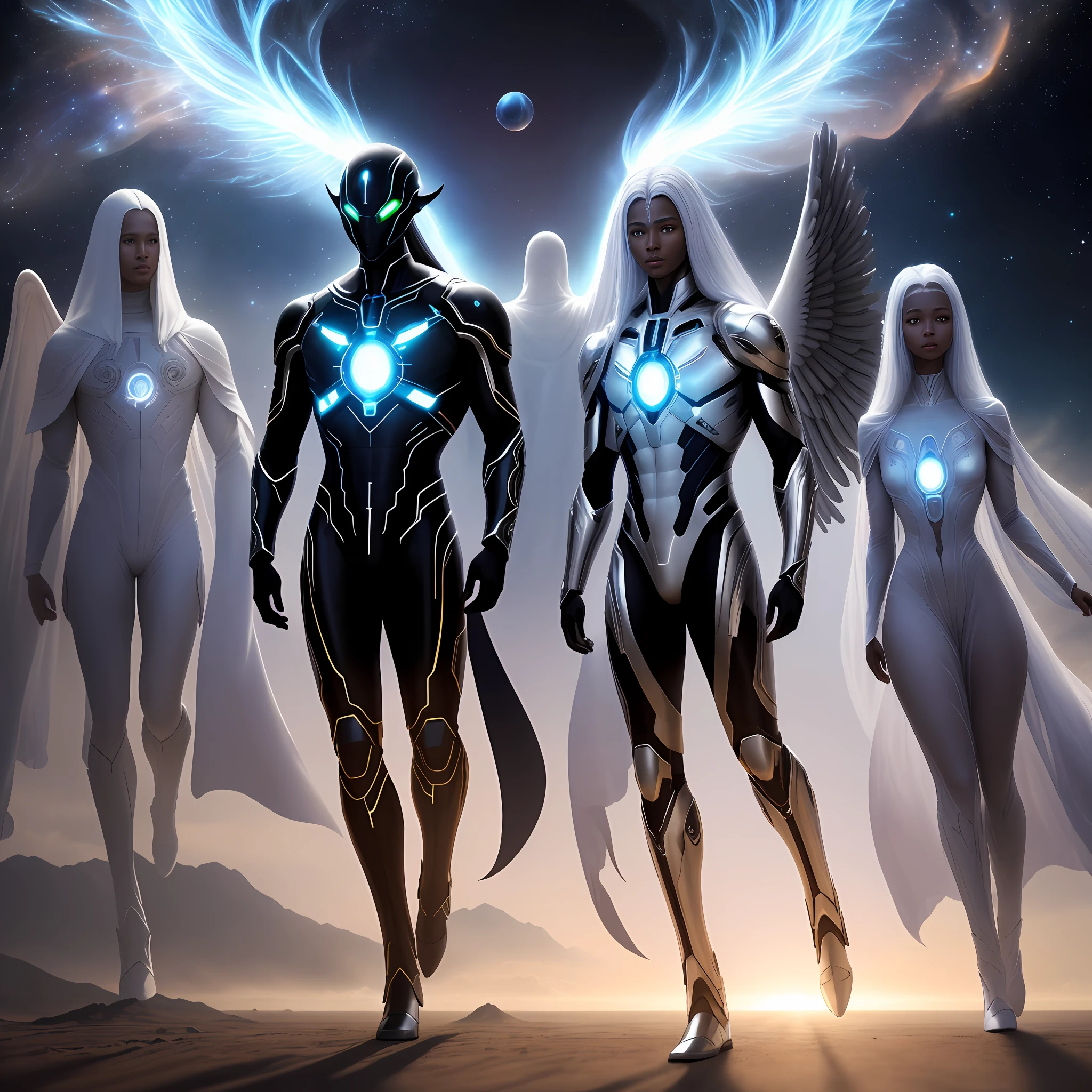 Artwork, Alien appearance humans arriving on a spaceship, light black skin color, selestial, full body, beautiful, spiritual being, benevolent, with an aura on the head, sorindo, with radiant energy, archangel miguel style, galactic confederation, high quality, ultra-realistic, professional photography, human,