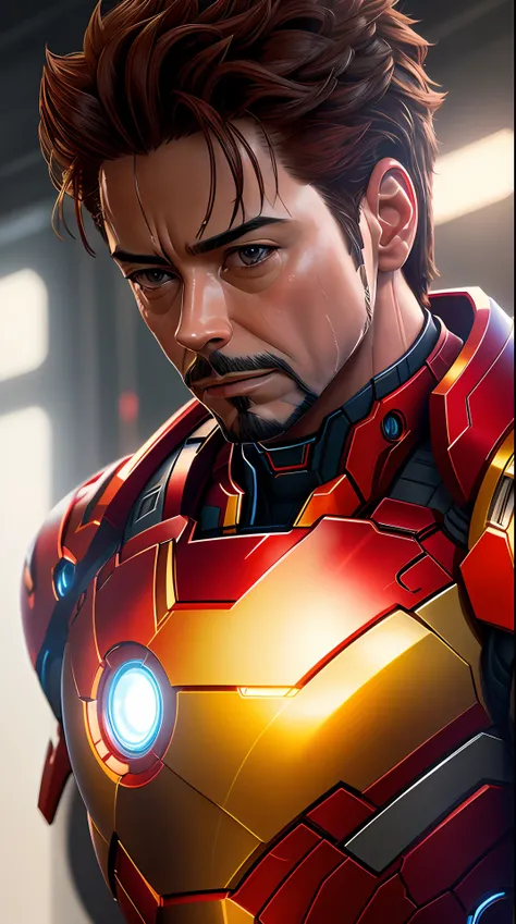 a close up of a man in a suit with a light on, tony stark, medium close ...