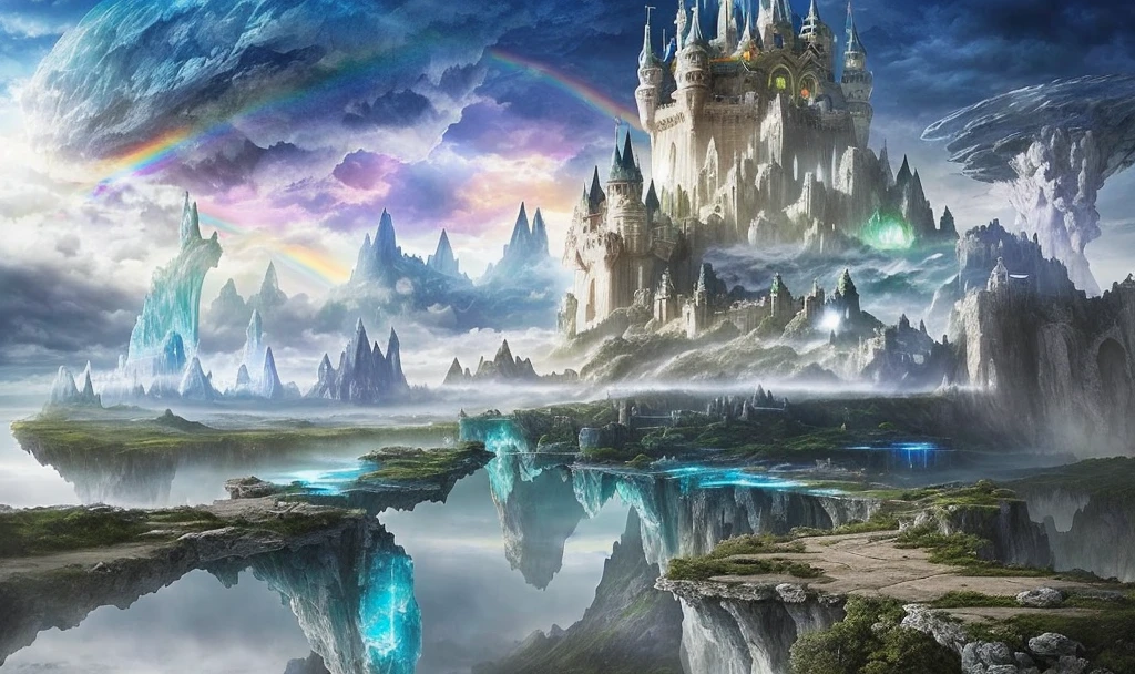 large diamond castle, surreal crystal landscape, city of clouds, translucent landscape, foggy planet, floating white lands, sky nation, rainbow in the distance, wind air, floating islands with interlocking rocks forming bridges to a translucent tower in the center, air kingdom, ultra-realistic, ultra-detailed, high fantasy