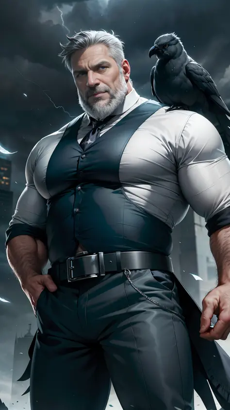 A middle-aged man, 50 years old, fat, modern magician, gray hair, medium gray beard, green eye, serious, intimidating, white tabard, personal, crow, storm, realistic. 8k uhd