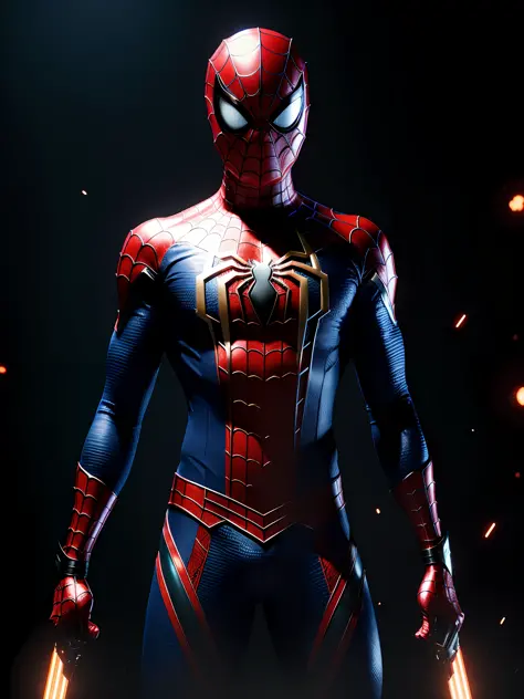 midjourny-v4 style, Professional Photoshot medium a spiderman perfectly played by gwen Stacy with highly detailed intricate cybernetics outfit, highly detailed beautiful face, standing in darkness with black particles surrounded the body, proportional body...