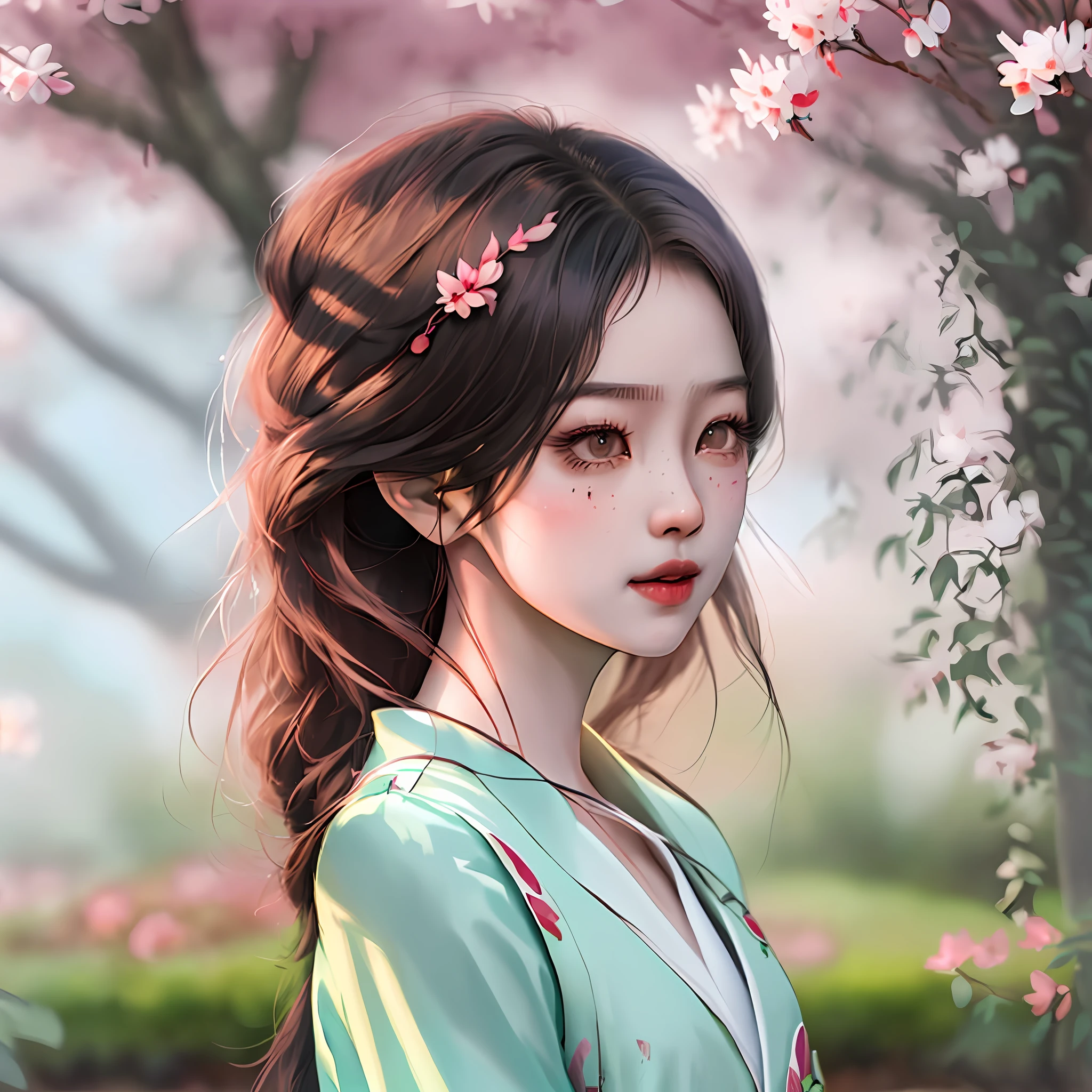 달리는 포즈를 취하는 학자 제복을 입은 놀랍도록 아름다운 아시아 소녀의 미드샷, 벚나무가 있는 정원, Loish와 Chris Sanders의 매우 상세한 일러스트레이션, 체적 조명, 부드러운 테트라드 색상, 최고의 품질, 고화질, 날카로운 초점