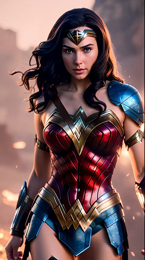 wonder woman, red and blue armor, photography, soft lighting, soft details, octane, artstation trending, ultra high detail, ultra realistic, cinematic,16k
