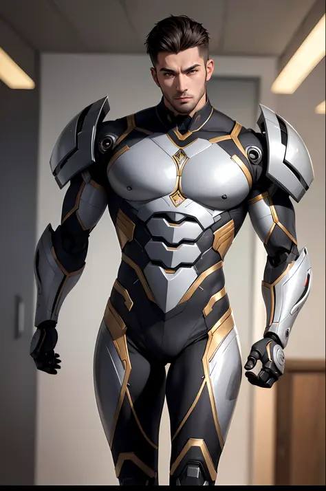 **this is an image of a handsome muscular man with a robotic head, in the style of intense gaze, sumatraism, tilt-shift photography, exotic realism, mechanical designs, heistcore