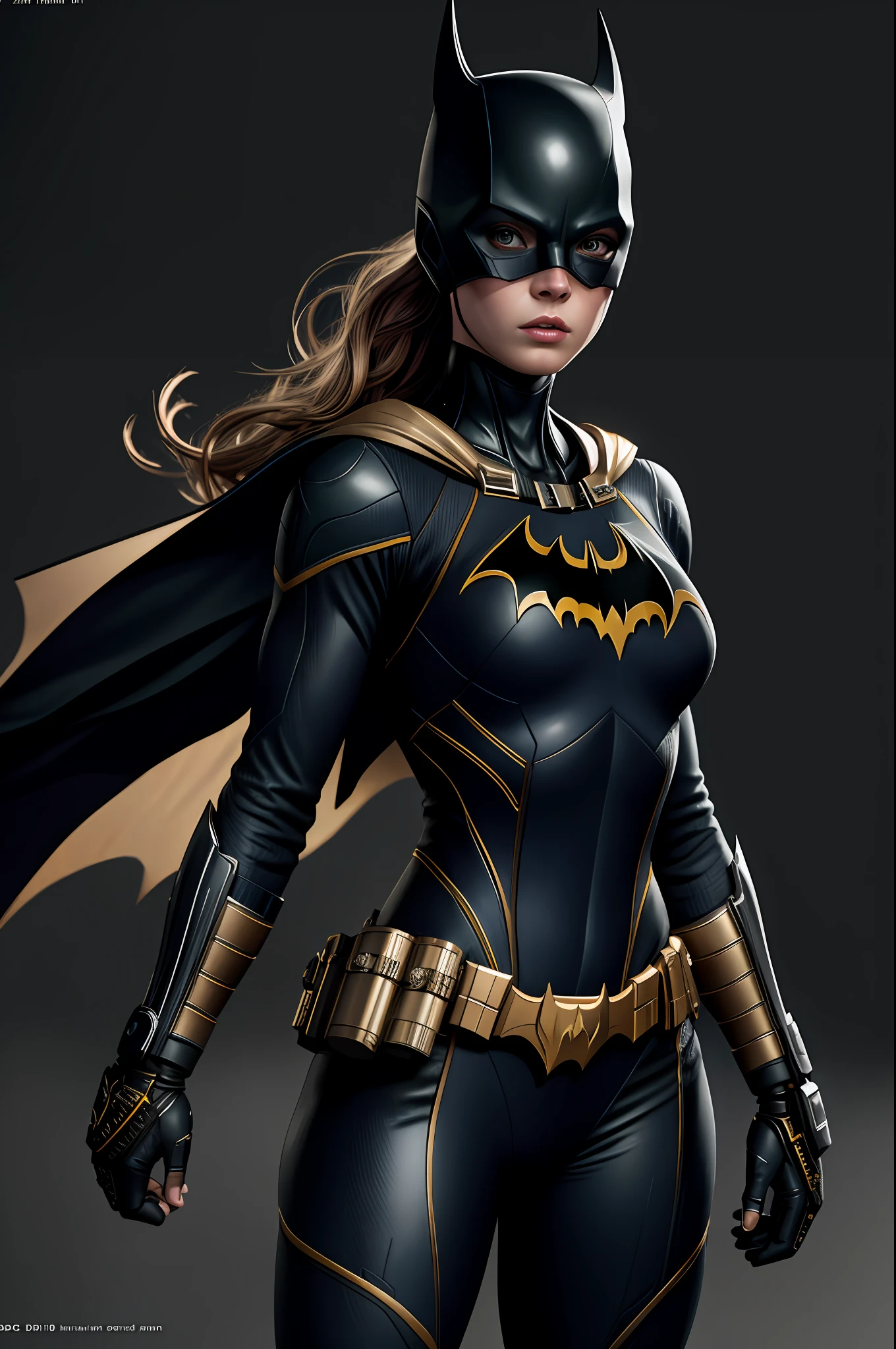 (8K, Foto CRU, melhor qualidade, Obra de arte:1.2), ultra detalhado, arte oficial, fotorrealista:1.37, tiro na parte superior do corpo, DC Batgirl, Grão de filme, pose de ação