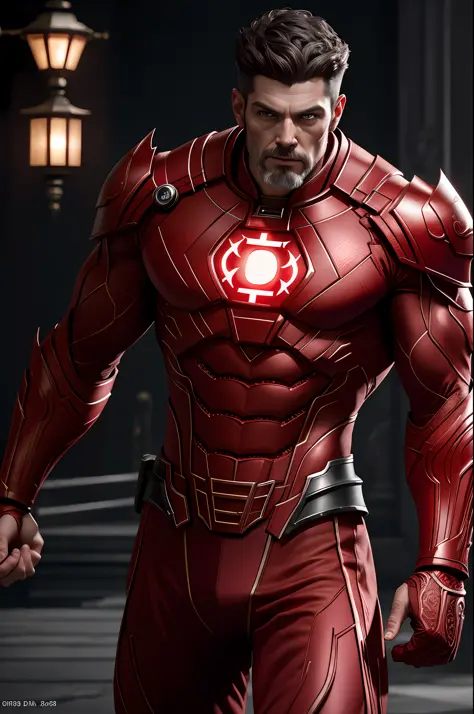 (8k, RAW photo, best quality, masterpiece:1.2), ultra detailed, official art, photo-realistic:1.37, upper body shot, DC Red Lantern, film grain, action pose