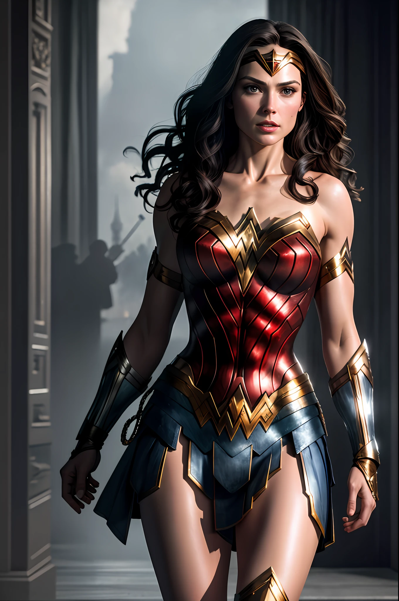 (8k, RAW-Foto, beste Qualität, Meisterwerk:1.2), Extrem detailliert, offizielle Kunst, fotorealistisch:1.37, Oberkörperaufnahme, DC-Wonder Woman - Die wunderbare Frau, Filmkorn, Aktionspose