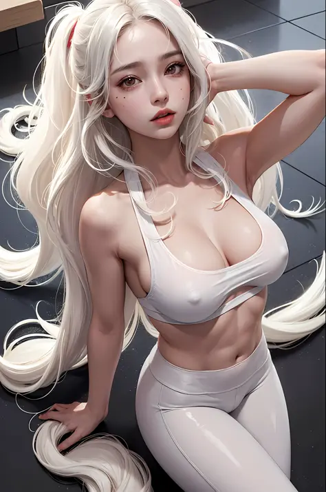 Realistic, high resolution, 1 girl, white wavy hair, Korean, heterochrome eyes, small moles under the eyes, loose white shirt, yoga pants, big breasts, long legs, tight abs, camel toes, sexually bit her lip