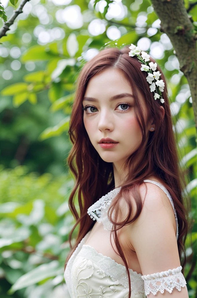 8k beautiful 1girl with long red long hair, H. R. (Giger:1.1) style, (intricate:1.1) organic (outfit:1.1), (dress made:1.1) of plants, elegant, highly detailed, green eyes, majestic, digital photography, (masterpiece, sidelighting, finely detailed beautiful green eyes: 1.0), hdr, blurry, blurry_background, blurry_foreground, branch, cherry_blossoms, depth_of_field, looking_at_viewer, motion_blur, photo_\(medium\), photo_background, solo, tree, vibrant details, luxurious, absurdres, incredibly absurdres, white stocking, (realistic, photo-realistic:1), finely detail, best quality, lace, hyperrealistic, anatomical, facial muscles, extremely detailed CG unity 8k wallpaper, octane render, elegant, depth_of_field, blue butterfly, looking_at_viewer, extremely detailed,