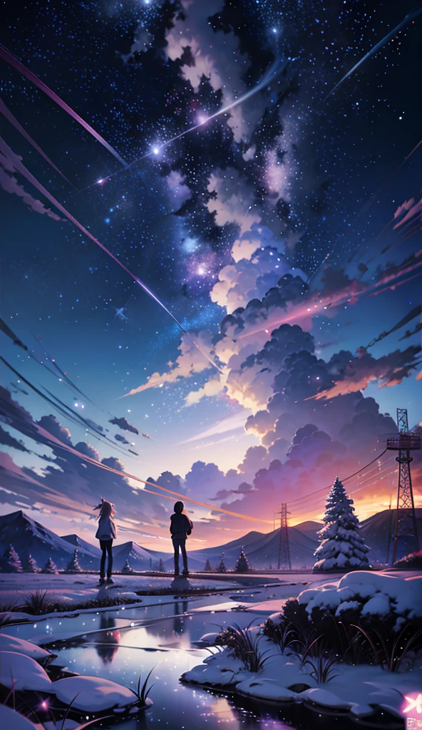 Anime-Szenerie mit zwei Menschen, die auf einem Felsen stehen und in den Himmel blicken, kosmischer Himmel. von Makoto Shinkai, Makoto Shinkai Cyril Rolando, schöne Anime-Szene, Anime Himmel, Anime-Kunst-Tapete 4k, Anime-Kunst-Hintergrundbild 4K, Anime-Kunst-Tapete 8 k, Anime schöne Friedensszene, im Stil von Makoto Shinkai, 4K-Anime-Hintergrundbild