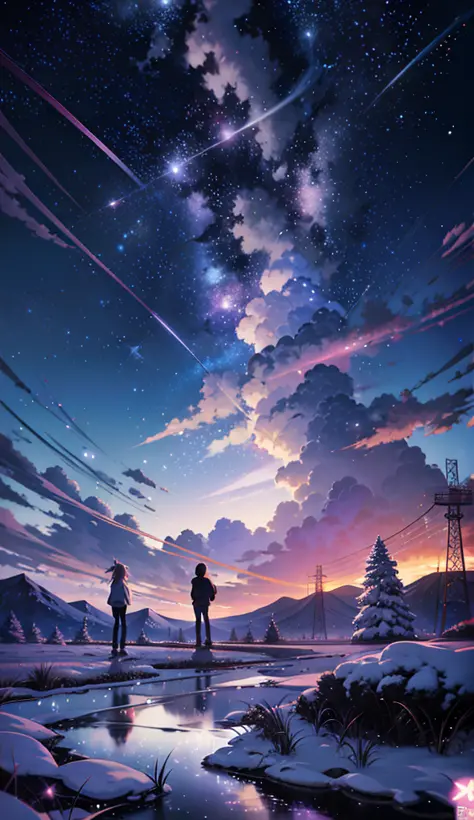 anime scenery of two people standing on a rock looking at the sky, cosmic skies. by makoto shinkai, makoto shinkai cyril rolando, beautiful anime scene, anime sky, anime art wallpaper 4 k, anime art wallpaper 4k, anime art wallpaper 8 k, anime beautiful pe...