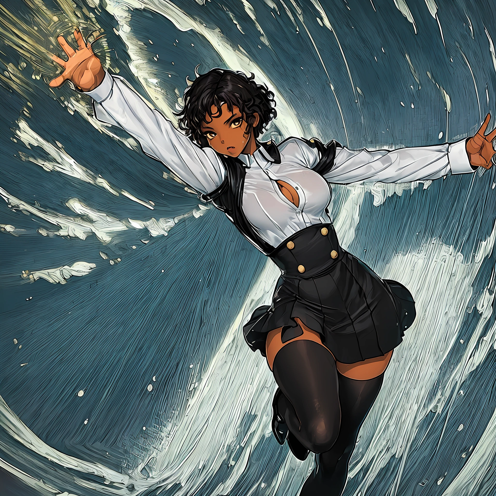 a afroHero (masterpiece, best quality), Female, woman character, (((multiple poses and expressions))), (comic style artwork with perfect anatomy), perfect body, transparent wet ultrathin white dress shirt unbuttoned, black knee high tights, black short miniskirt, highly detailed--no outline