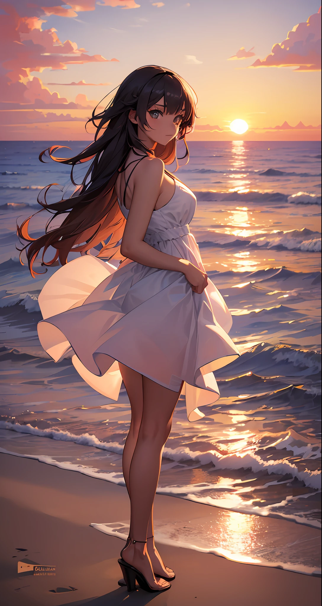 Woman standing on the beach looking at the sea, there is sunset, there is sunset, under the beautiful sunset, the most beautiful sunset, watch the sunset, watch the sunset, sunset time, watch the sunset, beach on the sunset, in the sunset, girl looks at the sunset, looks at the sunset, is the sunset