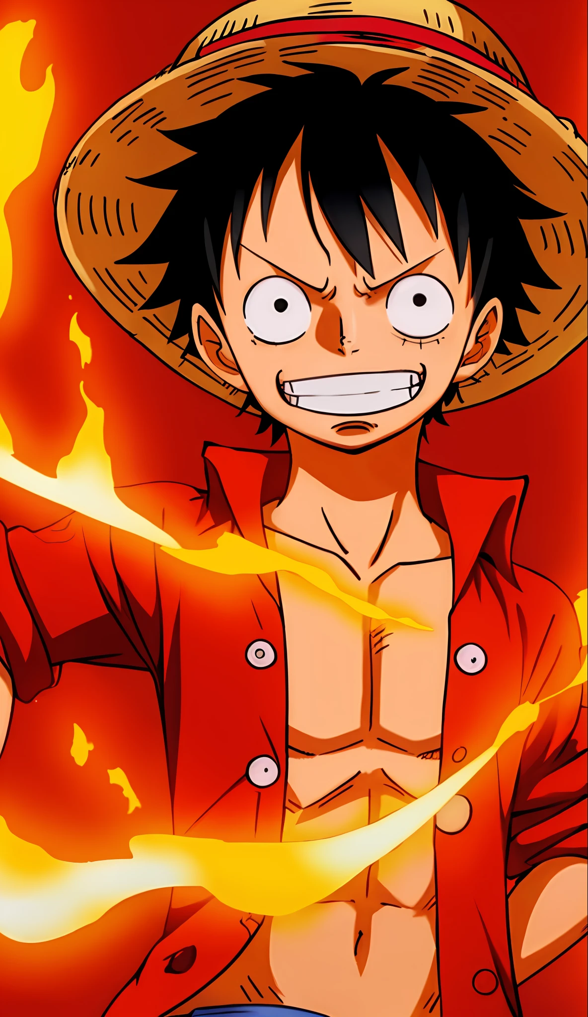 anime character with a hat and fire on his head, a picture inspired by Eiichiro Oda, tumblr, shin hanga, luffy, monkey d luffy, monkey d. luffy, luffy (one piece, portrait of luffy from one piece, luffy from one piece, from one piece, wallpaper!, one piece, luffy gear 5, official art, fan art