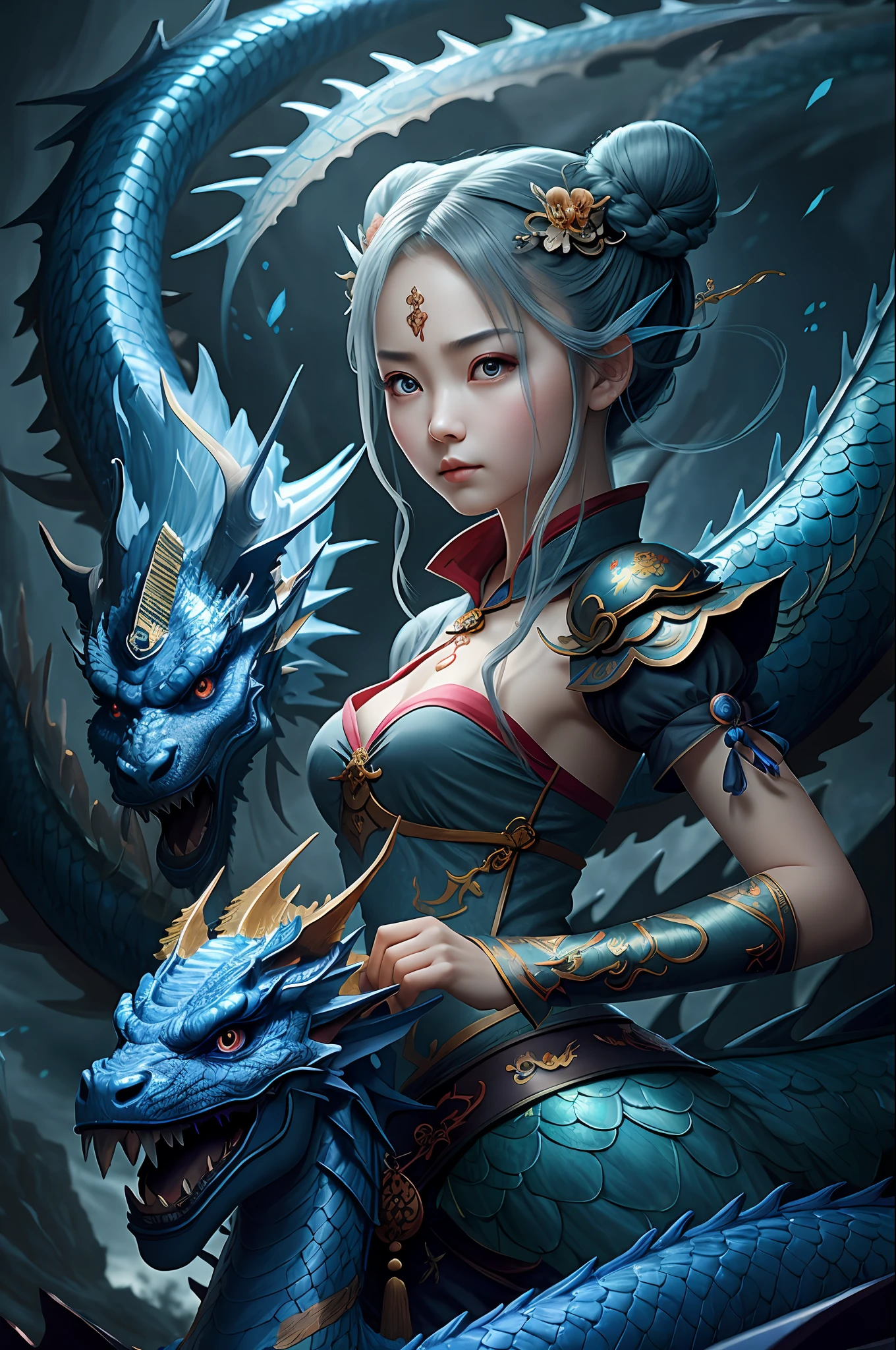 masterpiece, best quality,Chinese fairy, 1girl\(loli\) and iris blue dragon, Chinese dragon pan glaring at girl, bun, dark gray background,