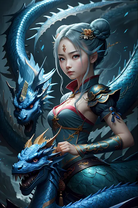 masterpiece, best quality,Chinese fairy, 1girl\(loli\) and iris blue dragon, Chinese dragon pan glaring at girl, bun, dark gray ...