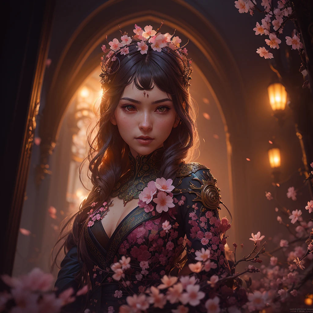 A sakura blossom flower by Casey Weldon, Olga Kvasha, Miho Hirano, hyperdetailed intricately detailed gothic art trending on Artstation triadic colors Unreal Engine 5 detailed matte painting, deep color, fantastical, intricate detail, splash screen, complementary colors, fantasy concept art, 8k resolution, gothic deviantart masterpiece, (dark shot:0.9), art by greg rutkowski and artgerm, soft cinematic light, adobe lightroom, photolab, hdr, intricate, highly detailed, (depth of field:1.4)