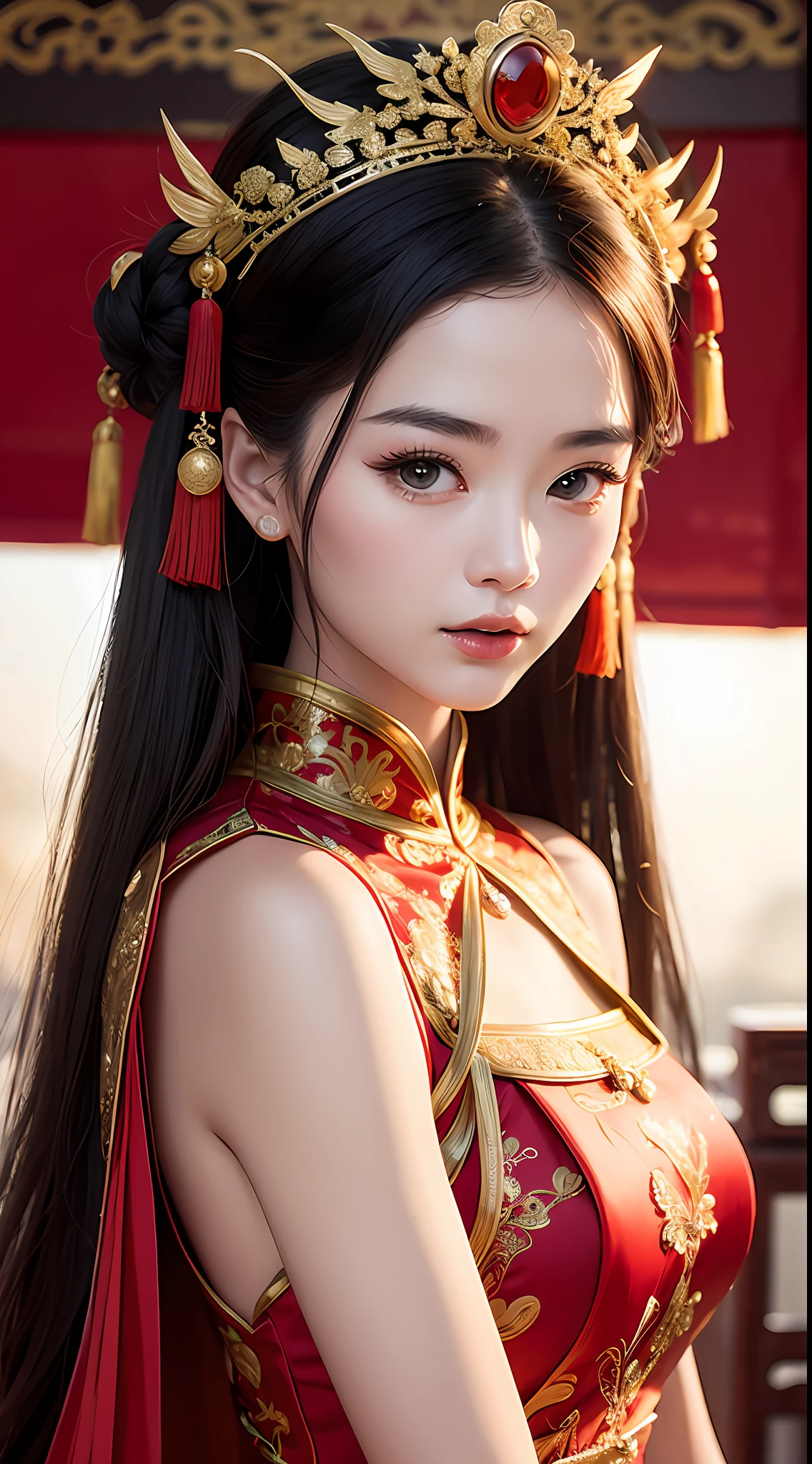 (8k, RAW Photo, Best Quality, Masterpiece: 1.2), (Realistic, Realistic: 1.37), 1 Girl, Aalfite Woman Posing for Photo in Red Dress and Headdress, Gorgeous Role Play, Beautiful Costume, Intricate Fantasy Dress, Beautiful Fantasy Queen, Chinese Dress, Complex Dress, Complex Costume, Traditional Beauty, Gorgeous Chinese Model, Chinese Costume, Wearing Gorgeous Costume, Wearing Elegant Chinese Xiuhe Dress, Chinese Wedding Dress, Phoenix Crown Xia Hanging, Antique Bride, Xiuhe Dress, Close-up, close-up