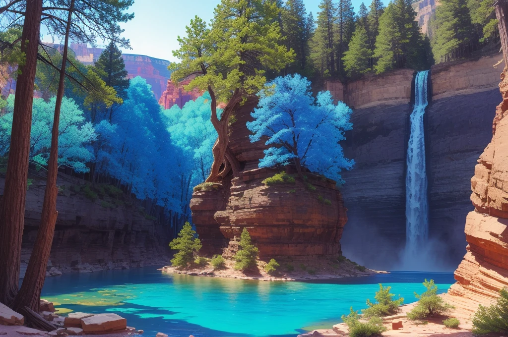 グランドキャニオン滝, 青い木々, 無人, カラフル,