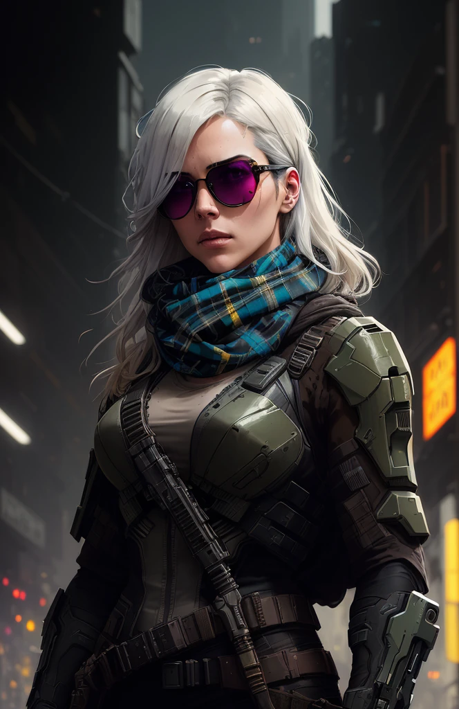 (dark shot:1.1), epic realistic, portrait of halo, sunglasses, blue eyes, tartan scarf, white hair by atey ghailan, by greg rutkowski, by greg tocchini, by james gilleard, by joe fenton, by kaethe butcher, gradient yellow, black, brown and magenta color scheme, grunge aesthetic!!! graffiti tag wall background, art by greg rutkowski and artgerm, soft cinematic light, adobe lightroom, photolab, hdr, intricate, highly detailed, (depth of field:1.4), faded, (neutral colors:1.2), (hdr:1.4), (muted colors:1.2), hyperdetailed, (artstation:1.4), cinematic, warm lights, dramatic light, (intricate details:1.1), complex background, (rutkowski:0.66), (teal and orange:0.4)