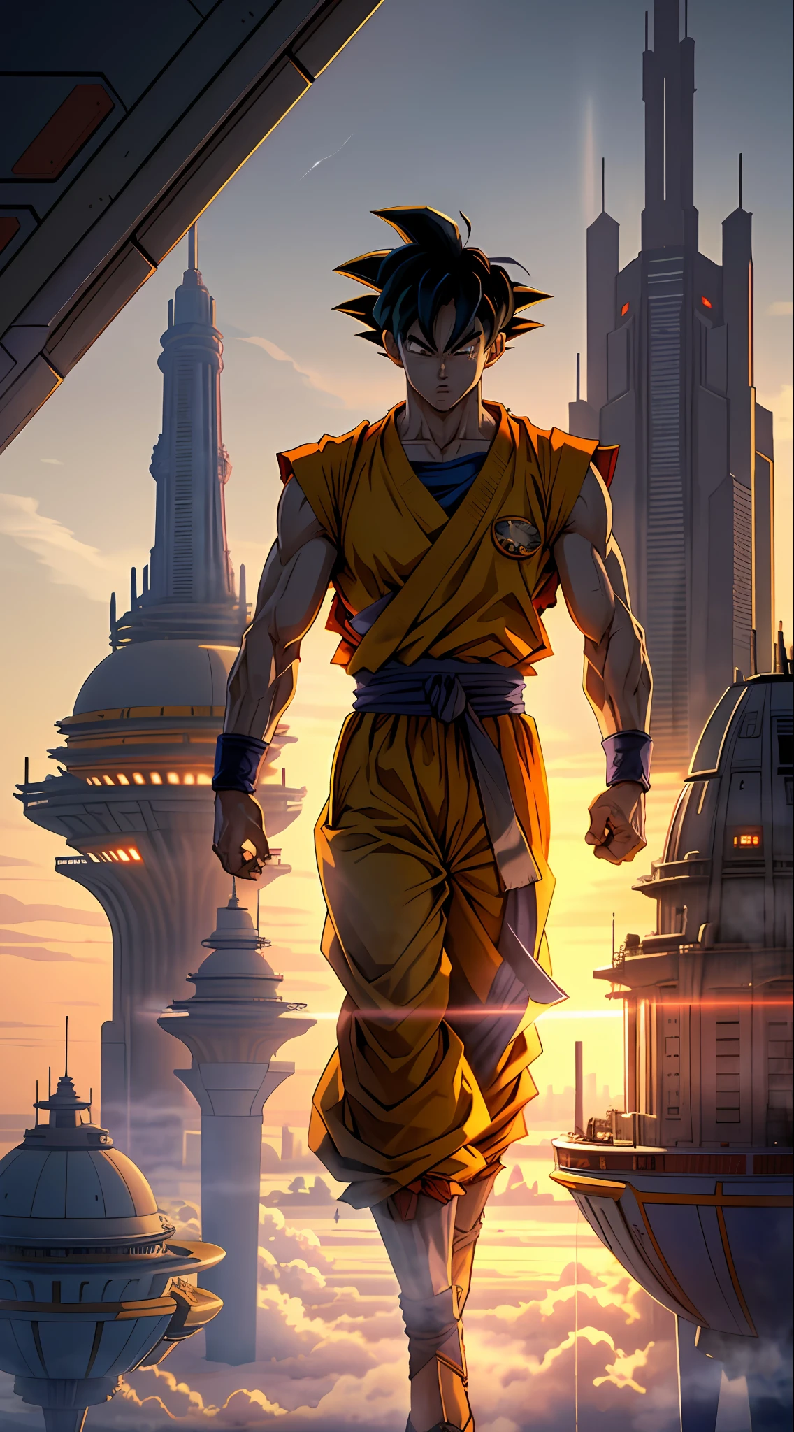 Goku em Bespin, a powerful warrior from another planet, trains in the floating city of Bespin high above the clouds. The futuristic cityscape is awe-inspiring, with towering skyscrapers and bustling air traffic. Goku trains with intense focus, surrounded by a calm and serene atmosphere that belies the city's frenetic energy. The atmosphere is filled with a sense of anticipation, as if Goku is preparing for an impending battle. The lighting is dim, with a diffuse, yellow hue that casts long shadows on the ground, adding to the pensive mood #endl