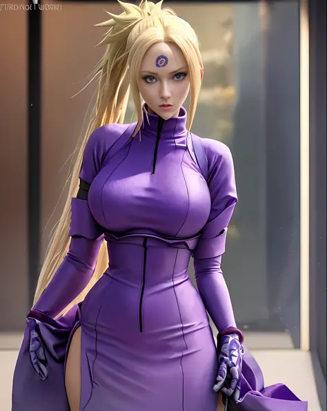 The character:{Ino} from the anime (Naruto Shippuden), long blonde hair tied up, beautiful blue eyes, big breasts, sensual, purp...