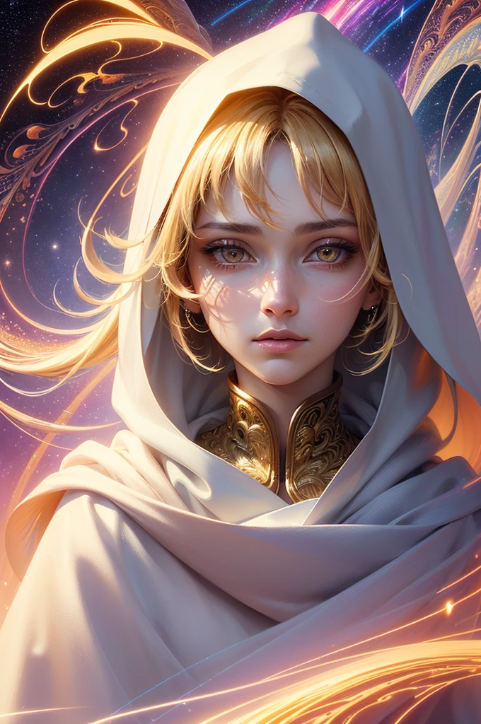 (masterpiece, top quality, best quality, official art, beautiful and aesthetic:1.2), (1girl), extreme detailed eyes, (fractal art:1.3), colorful, highest detailed, (perfect face), shiny skin, HDR, (white cloak golden lines:1.2), galaxy, (light streaks), striking visuals, (dynamic streaks, luminous trails:1.2), vibrant colors, (phoenix), (dragon)