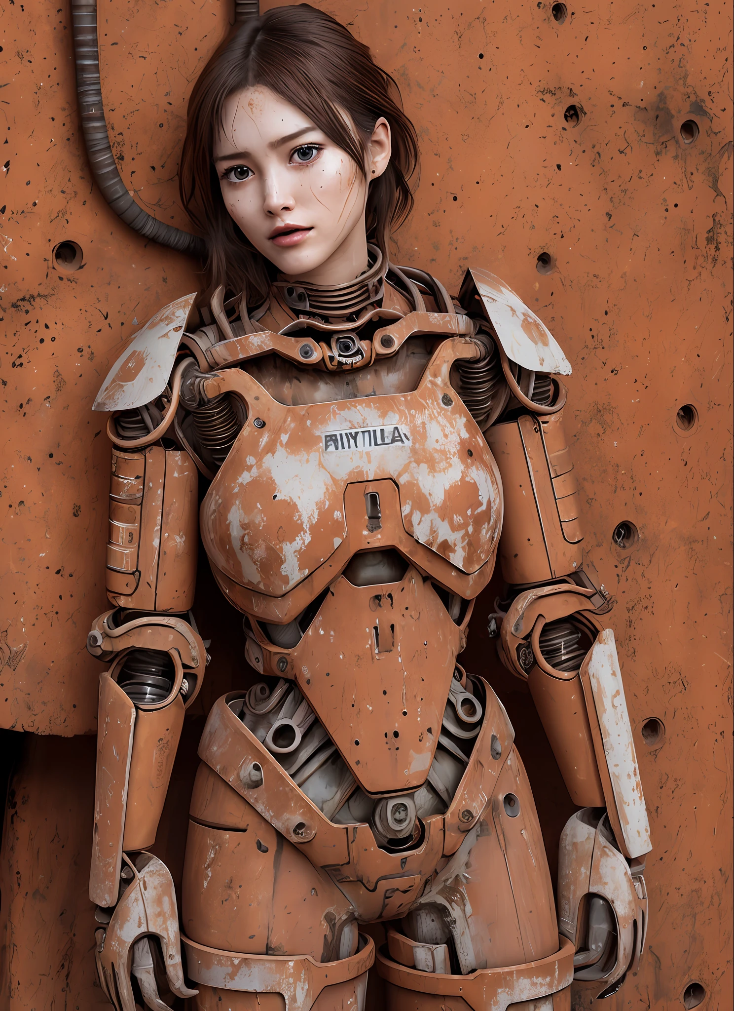 realistisches Foto (Modelshooting-Stil), (detailliertes Gesicht), ((Frau Waifu in einem beengten, rostigen hydraulischen Mech-Exoskelett)), Sonnenuntergang, ölig, Verschwitzt, schmutzig, zerrissen, Post-apokalyptischen