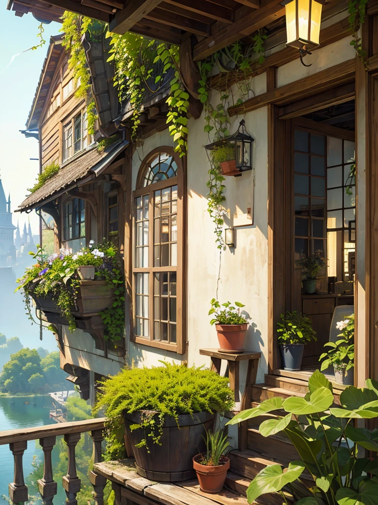 (micro-landscape:1.5),(best quality), ((masterpiece)), (highres), illustration, original, extremely detailed wallpaper, no humans, window, scenery, plant, water, potted plant, outdoors, building, door, house,  flower pot, day, lily pad, chair, flower, table, stairs, watermark, hat, tree,  sunlight, pond, grass, indoors,  reflection, lamp, balcony, black headwear, bush, sky, railing, desk, open window, shelf, leaf, book, web address, copyright name, ladder, architecture, shadow, solo, dated, vines, vase, city, cafe, lantern, bucket, ruins, bench, shop, signature, moss, boat, barrel, river,