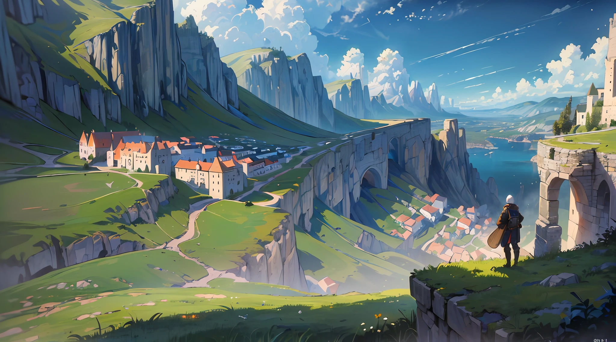 (((8k, RAW photo, best quality, masterpiece:1.4)))), ultra high resolution, ultra-detailed, illustration, medieval explorer, (man on cliff:1.2), small medieval town in the distance, landscape, warped clouds, well made sky, medieval kingdom, townscape, imagining, outdoors, background only, (aeria view:1.2)