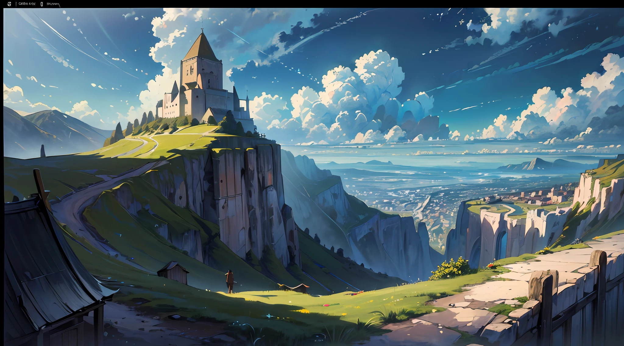 (((8k, RAW photo, best quality, masterpiece:1.4)))), ultra high resolution, ultra-detailed, illustration, medieval explorer, (man on cliff:1.2), small medieval town in the distance, landscape, warped clouds, well made sky, medieval kingdom, townscape, imagining, outdoors, background only, (back view:1.2)